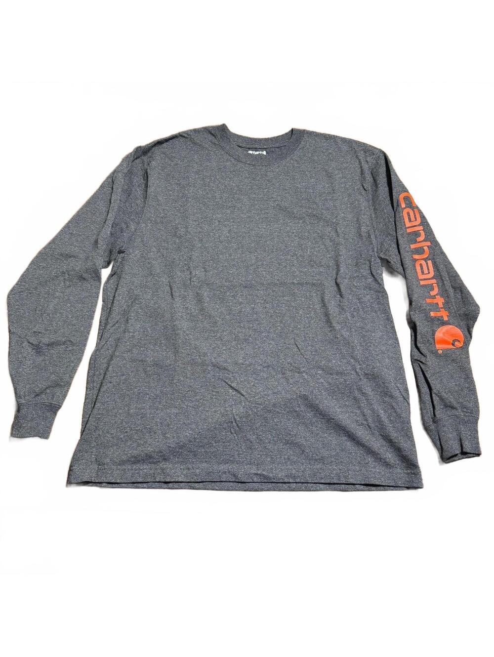 Carhartt Mens Long Sleeve T-Shirt Writing Sleeve Logo L Loose Fit Gray Orange
